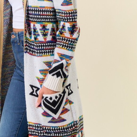 new ON BLUE CARDIGAN SWEATER fur hood western bohemian AZTEC YELLOWSTONE SM-LG - Picture 3 of 9